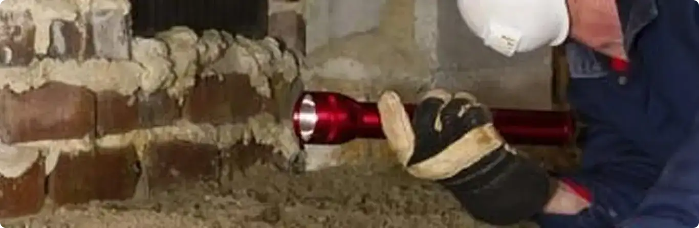 Pest control technician inspecting a crawl space for ant activity in Westerville, OH