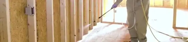 Termite treatment technician applying spray along framing and unfinished walls in Columbus, OH